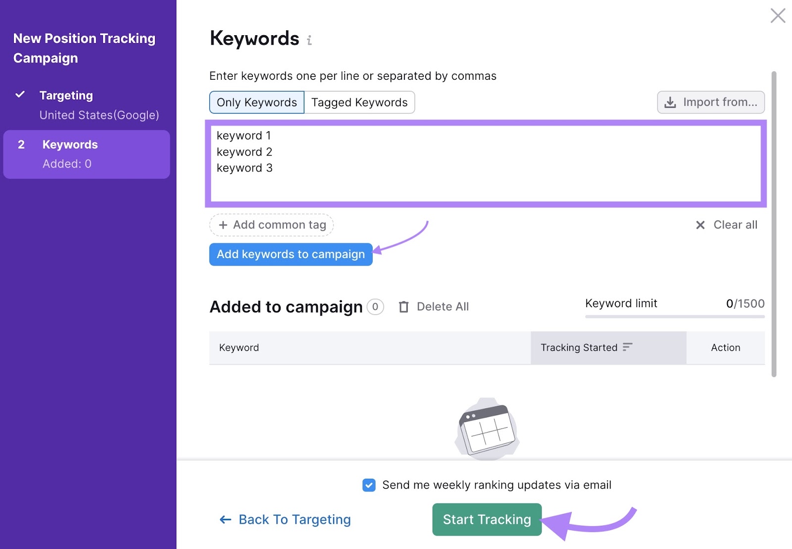 Keywords settings connected  the Position Tracking instrumentality   with the keywords section, "Add keywords to campaign", and "Start tracking" highlighted.