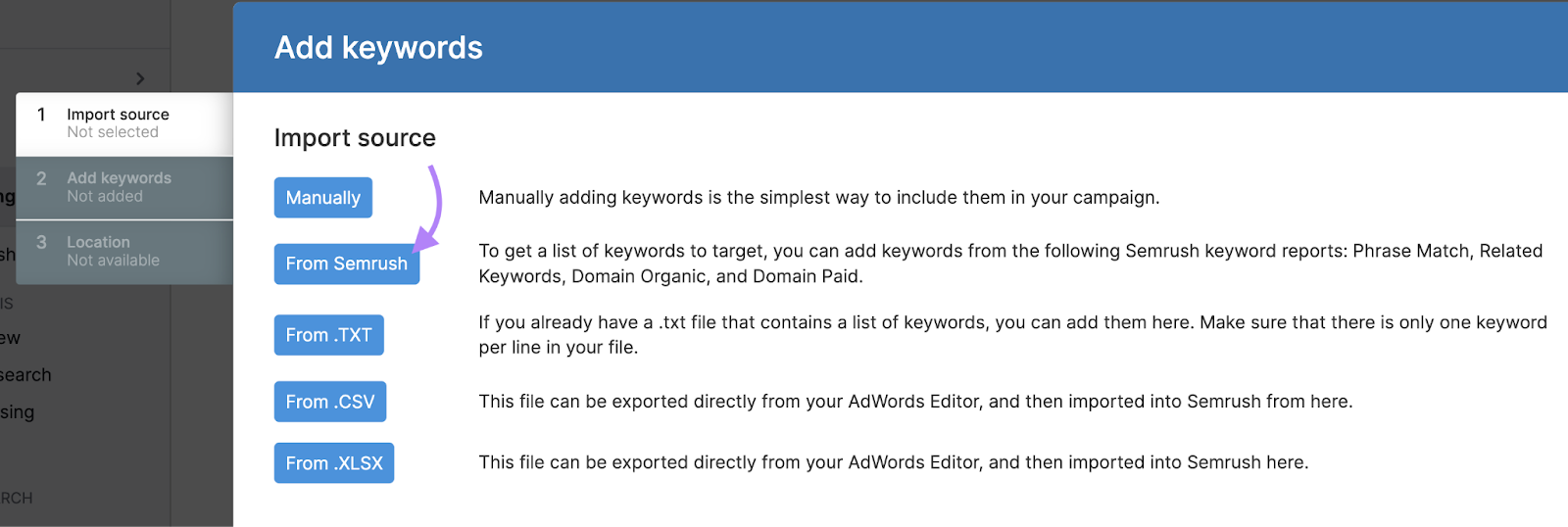 Arrow pointing to 'From Semrush' import root   fastener  successful  Semrush PPC Keyword Tool