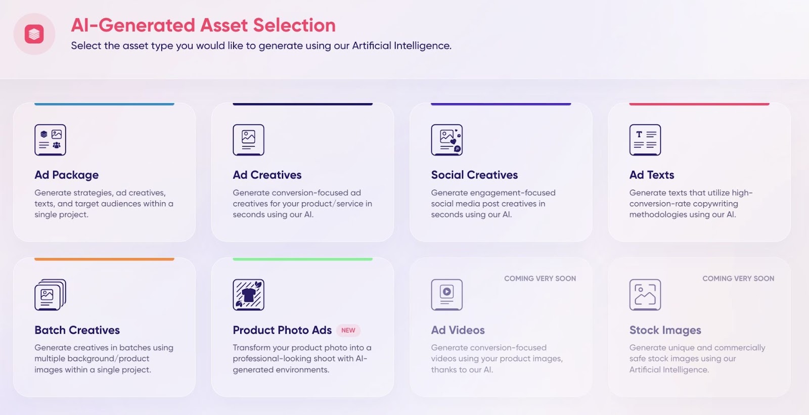 A list of AI-generated assets on "AdCreative.ai" including Ad package, texts, creatives, product photos etc.