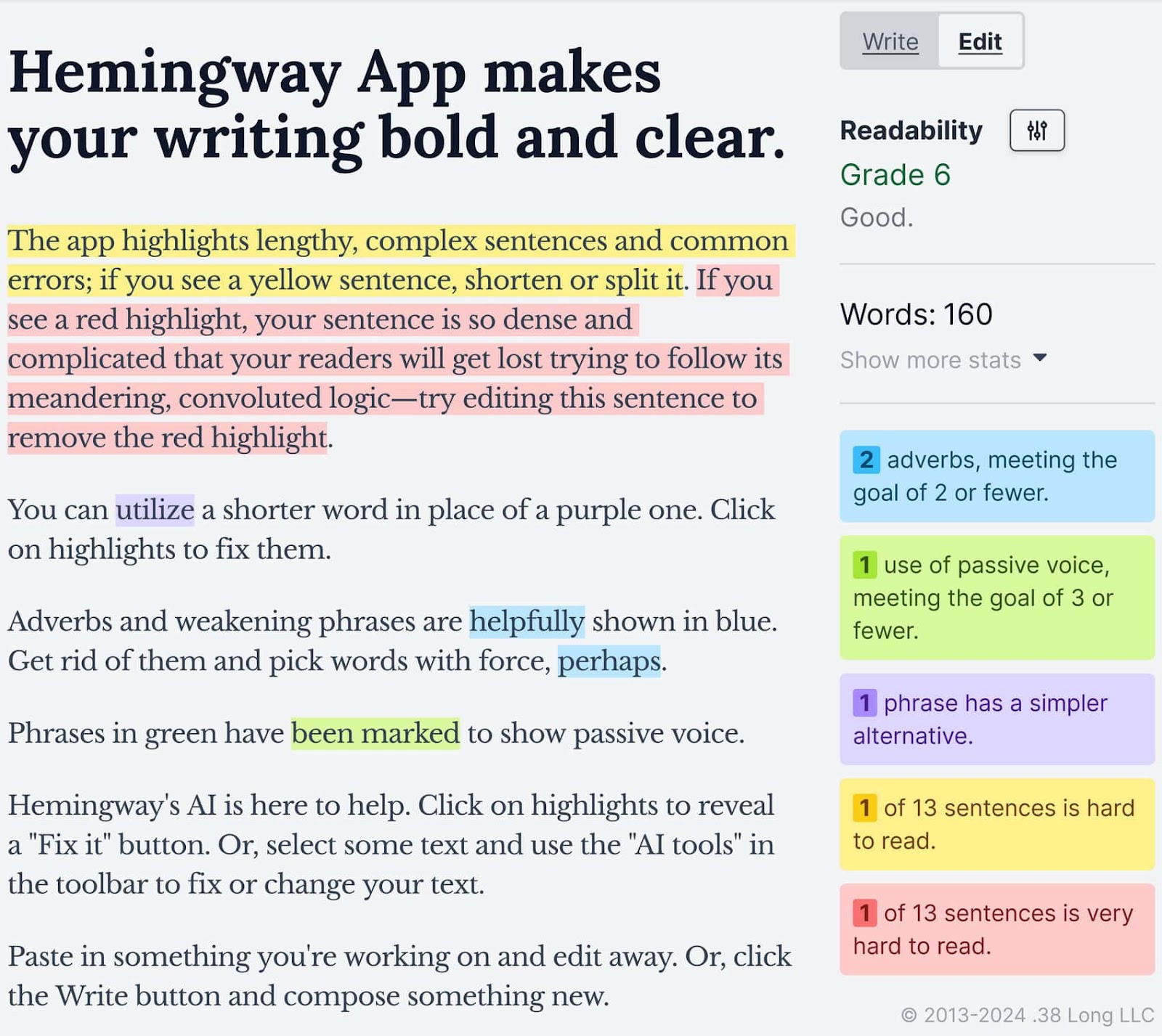 Hemingway App editing interface, showing text with multicolored highlights indicating areas for improvement.