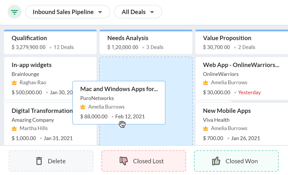 Zoho’s Bigin CRM helps businesses organize their pipeline by qualifications, needs, and value propositions