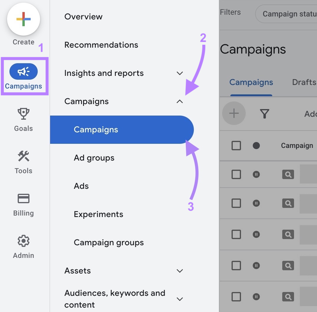 Navigating to "Campaigns" on Google Ads by selecting it from the “Campaigns” drop-down in the left-hand menu.