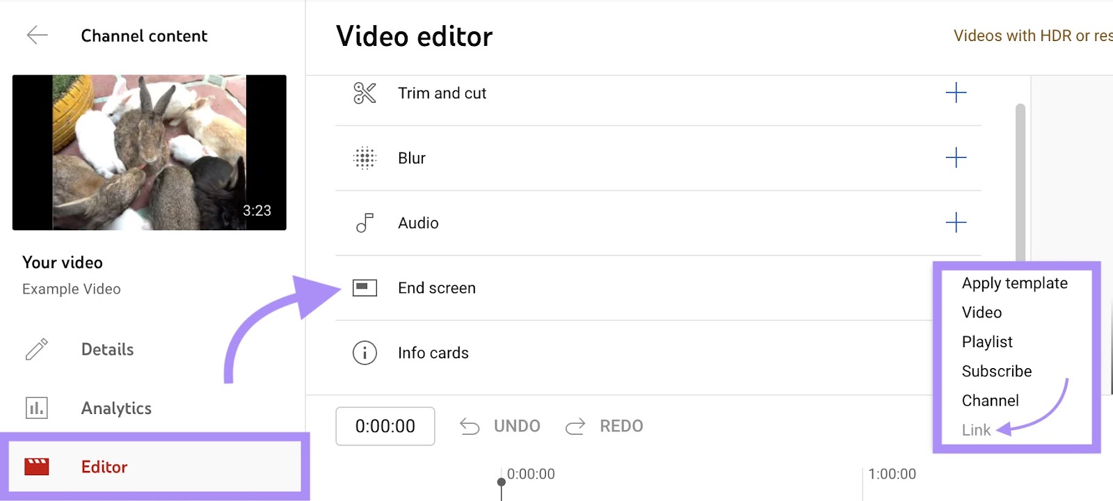 "Link" option selected next to "End screen" in YouTube Studio