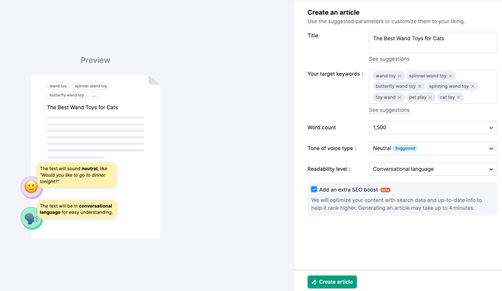 ContentShake AI: creating an article