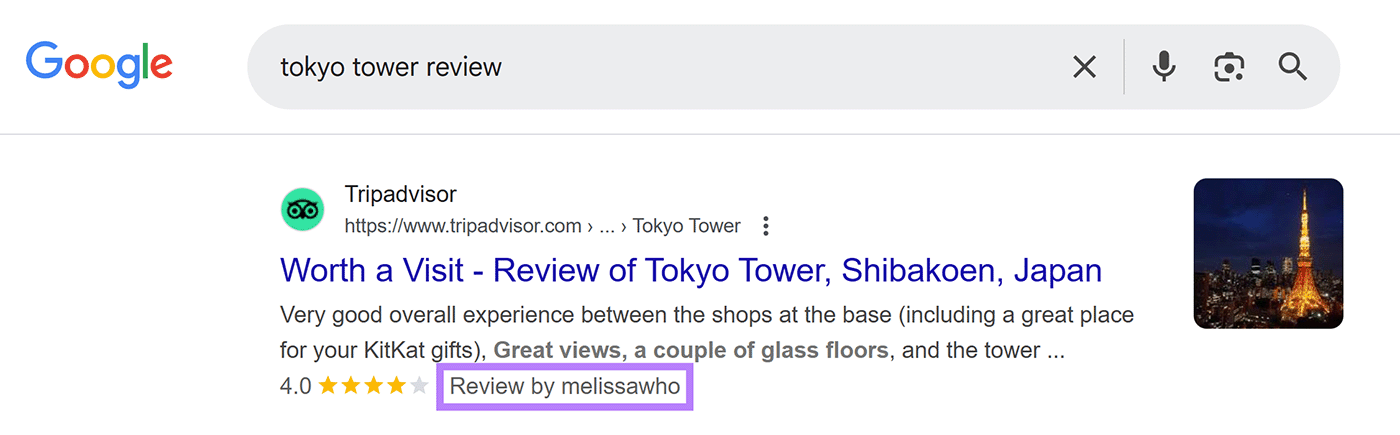 Google search results for 'tokyo tower review' with review snippet highlighted for Tripadvisor result.