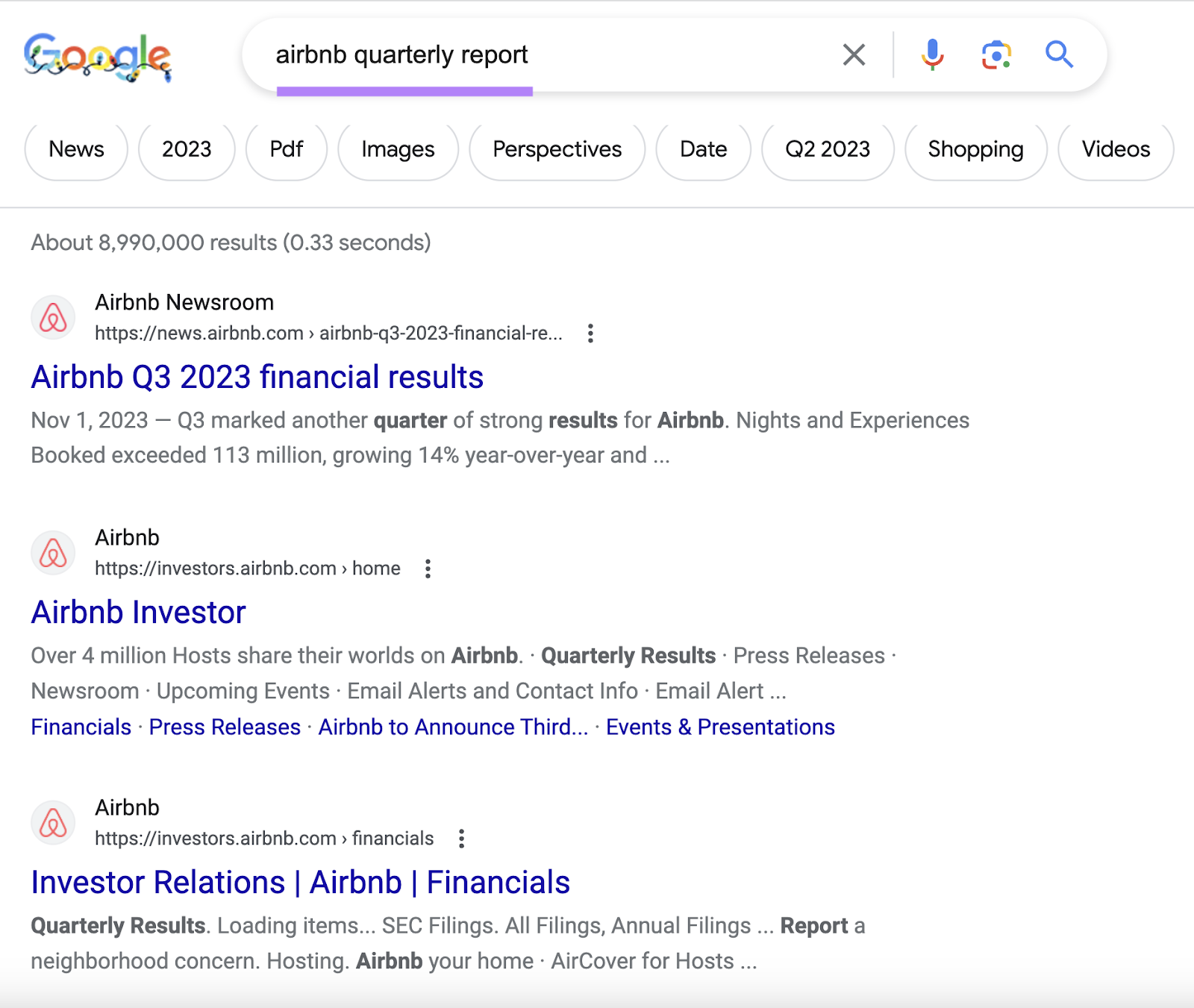 Google's SERP for "airbnb quarterly report” query