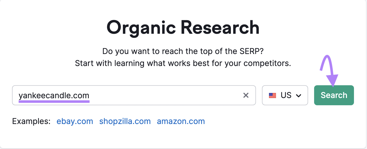 "yankeecandle.com" entered into Organic Research search bar
