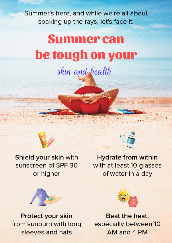 Image from an email showing a person sitting on a beach, with text overlay providing summer health tips