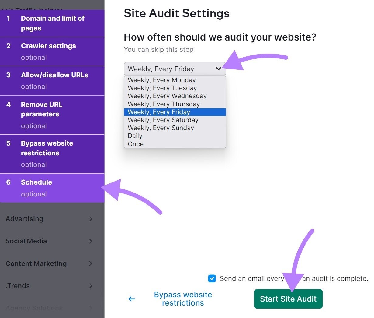 "Site Audit Settings - Schedule" screen