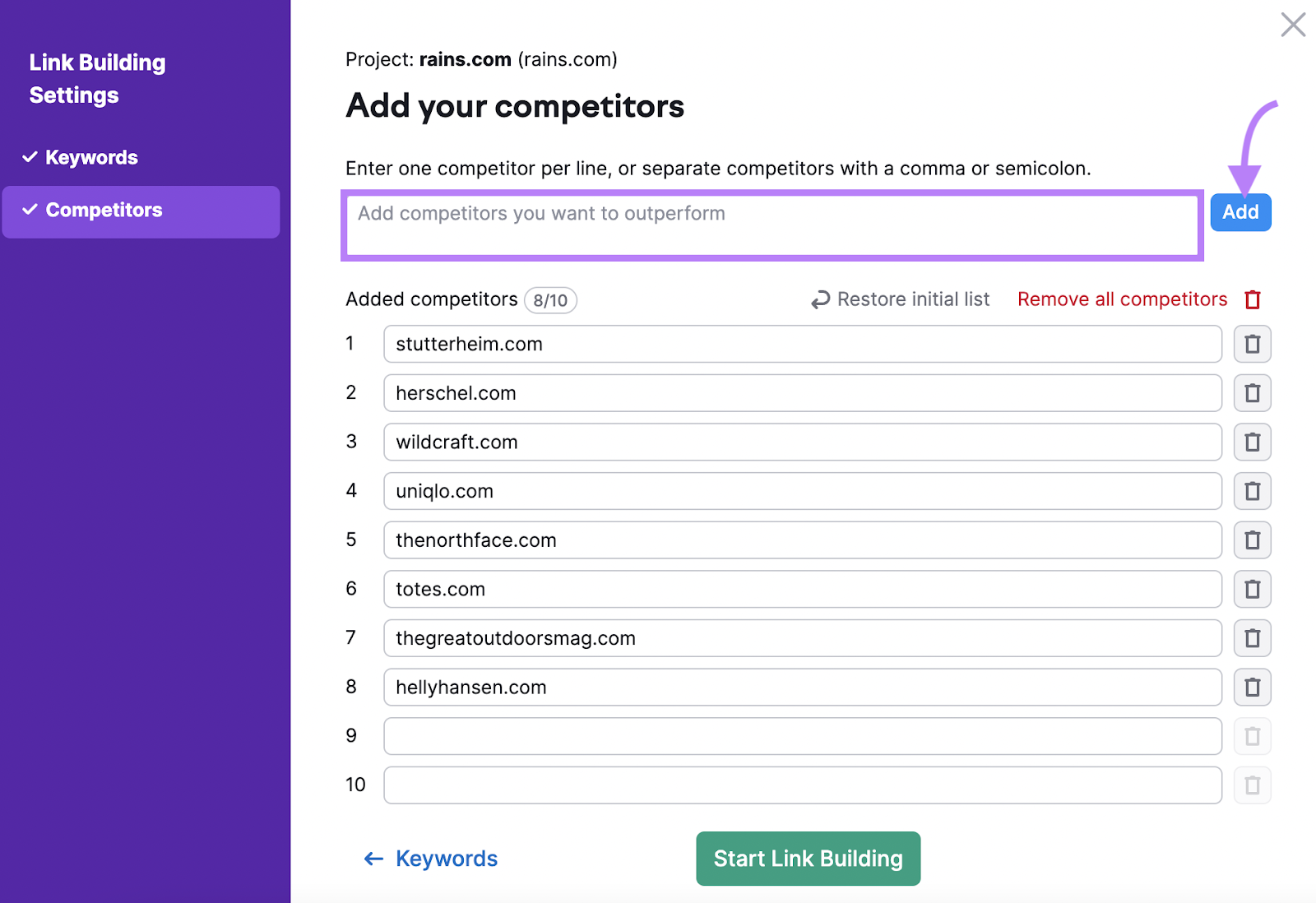 "Add your competitors" window in Link Building Tool settings