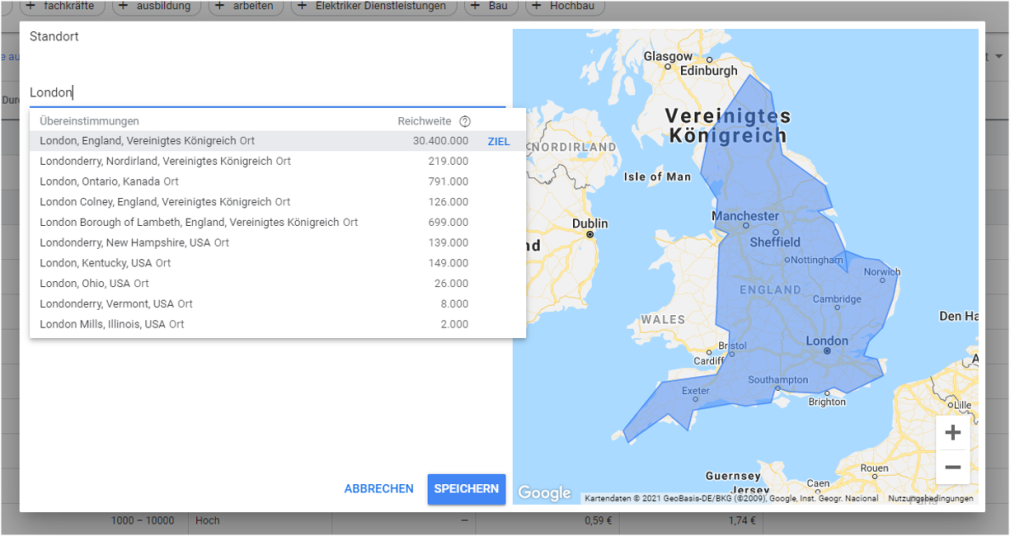 Speichern von Standorten in Google Keyword-Planer