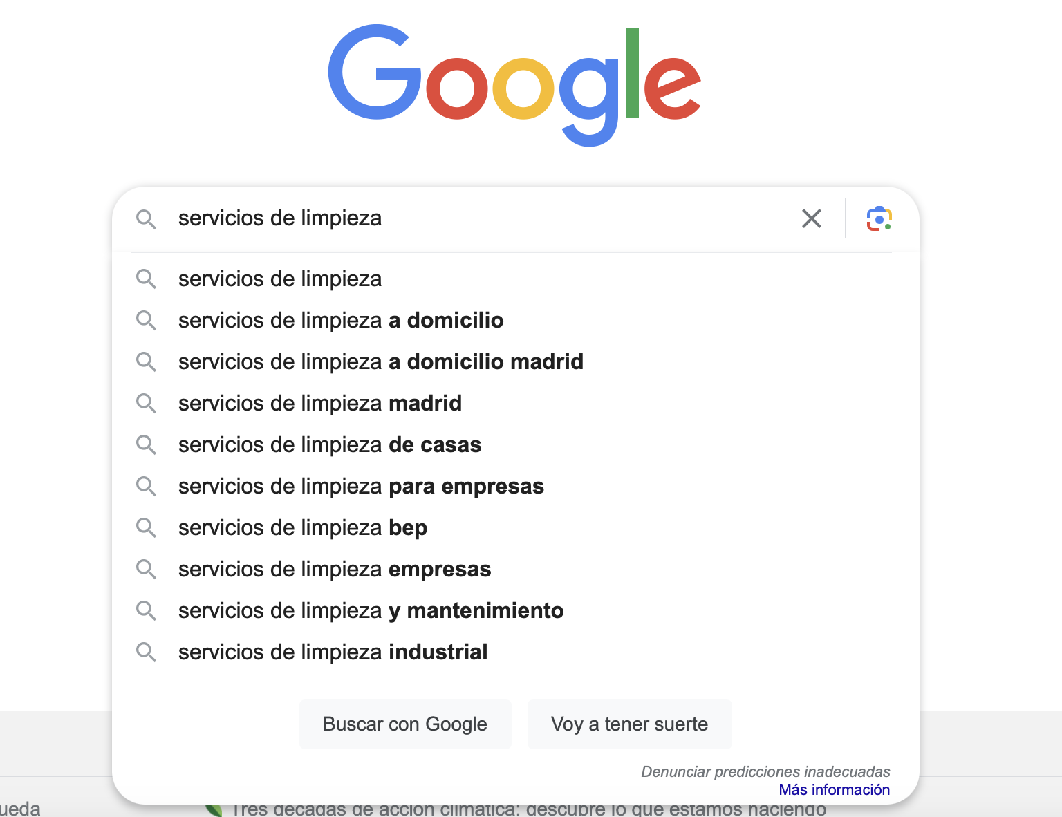 Sugerencias de Google Autocompletar para "servicios de limpieza"