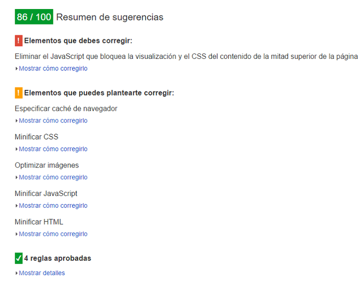 Google page speed test - Sugerencias de usabilidad