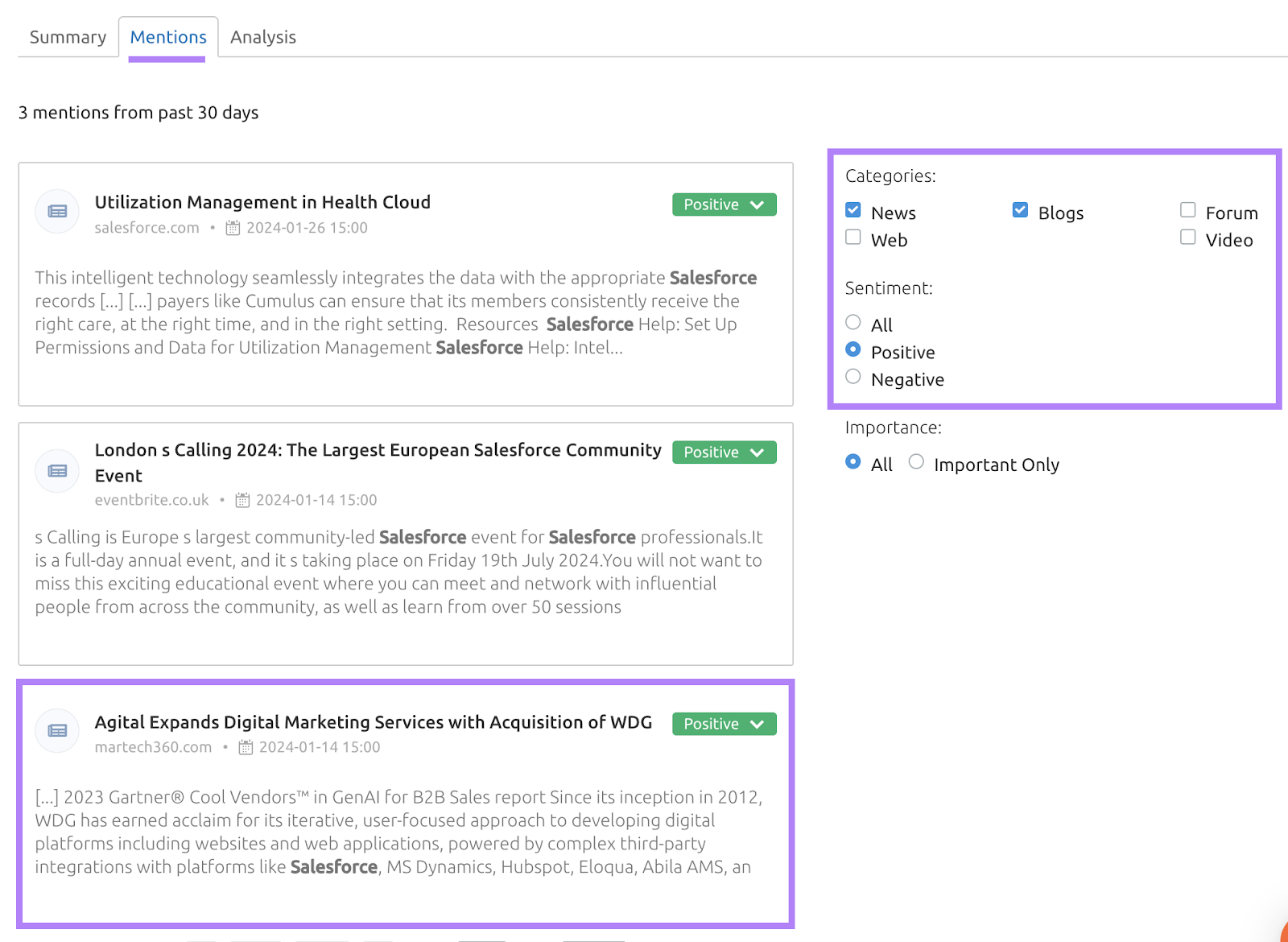 "Mentions" dashboard successful  Media Monitoring app