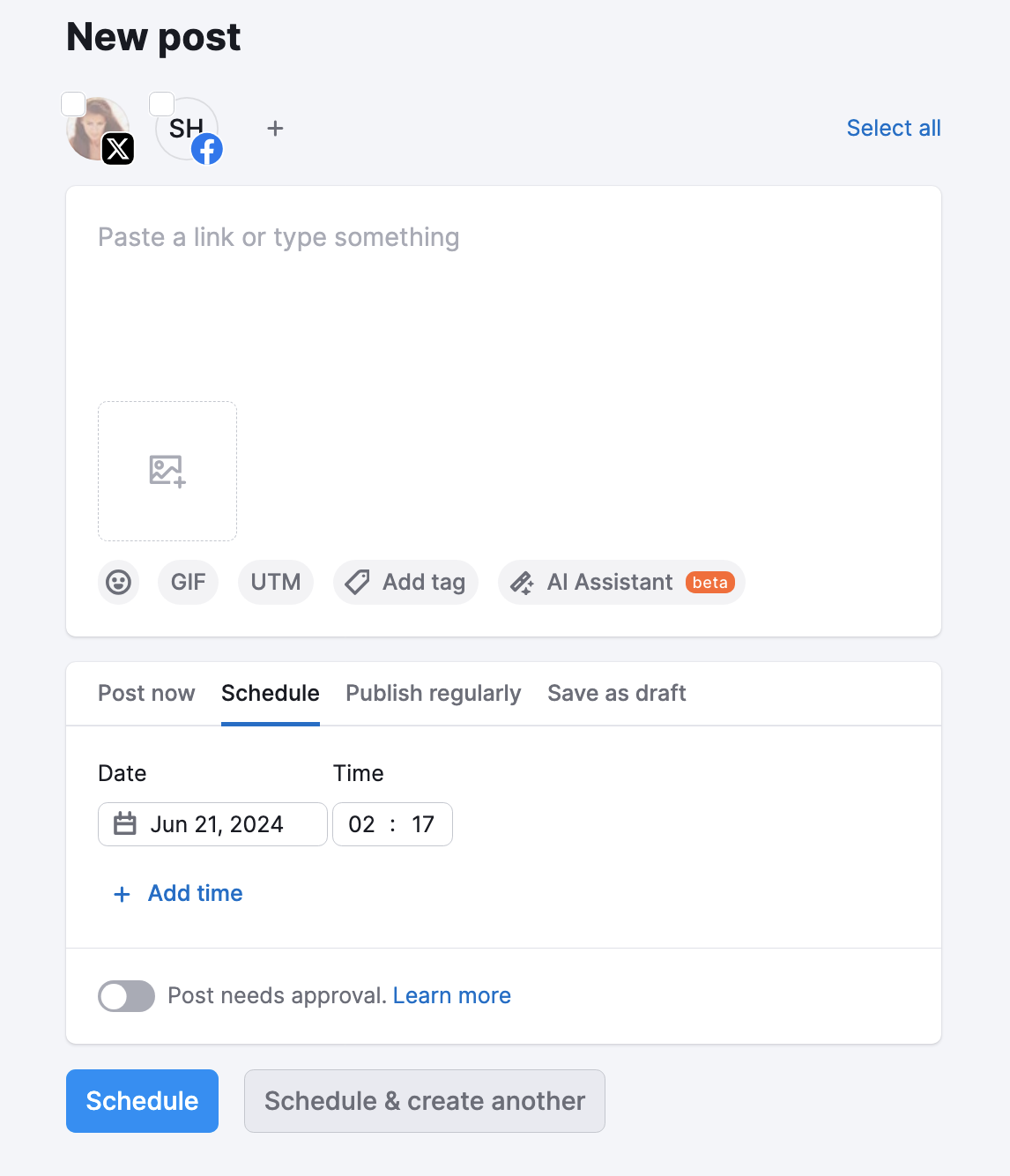 Semrush's Social Poster user interface for scheduling a new social media post with various options