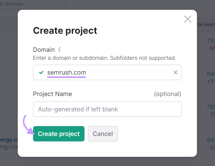 "semrush.com" domain entered nether  the "Create project" pop-up window