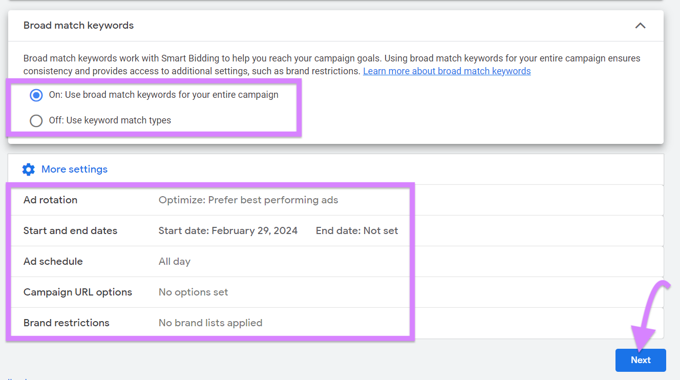 Set broad match keywords on/off