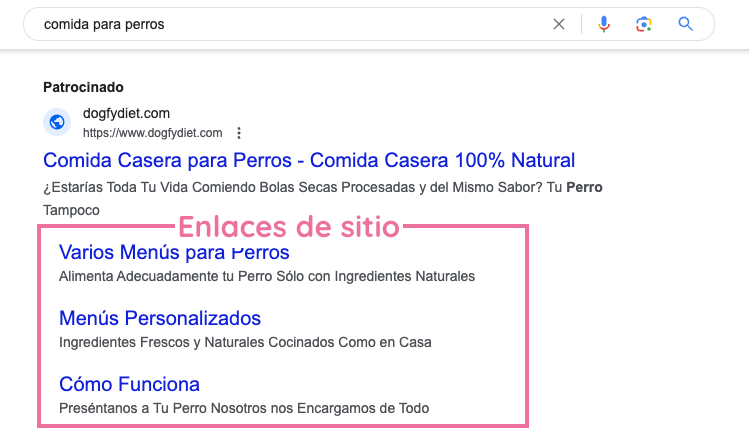 Anuncio para la palabra clave "comida para perros" con recursos de enlaces web