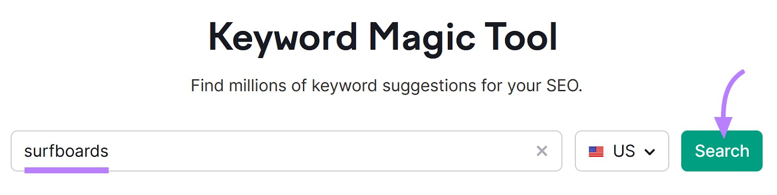 "surfboards" in Semrush’s Keyword Magic Tool search bar