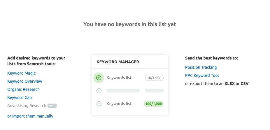 screenshot of the semrush keyword manager   import feature