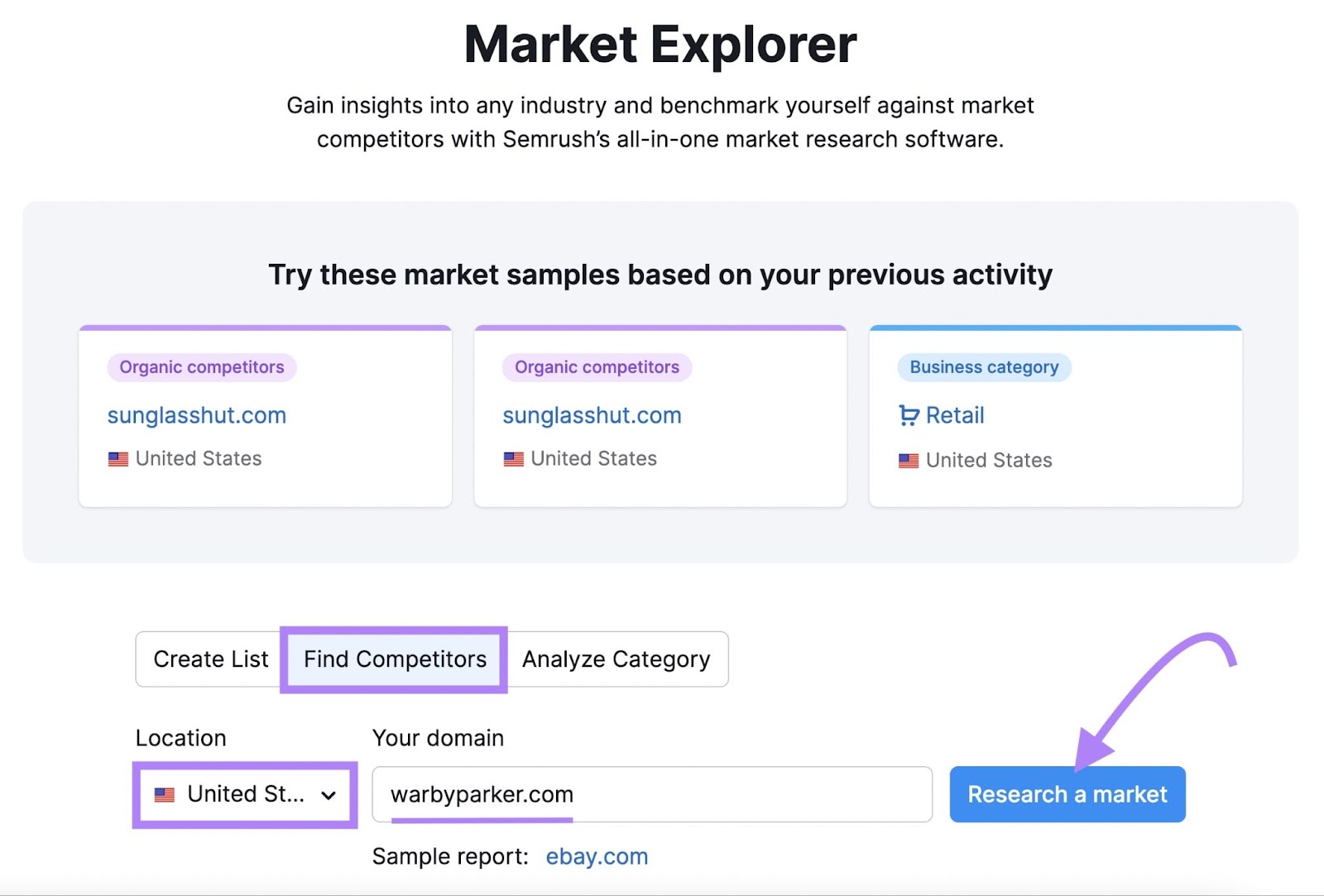 find competitors for "warbyparker.com" in the US using Market Explorer tool