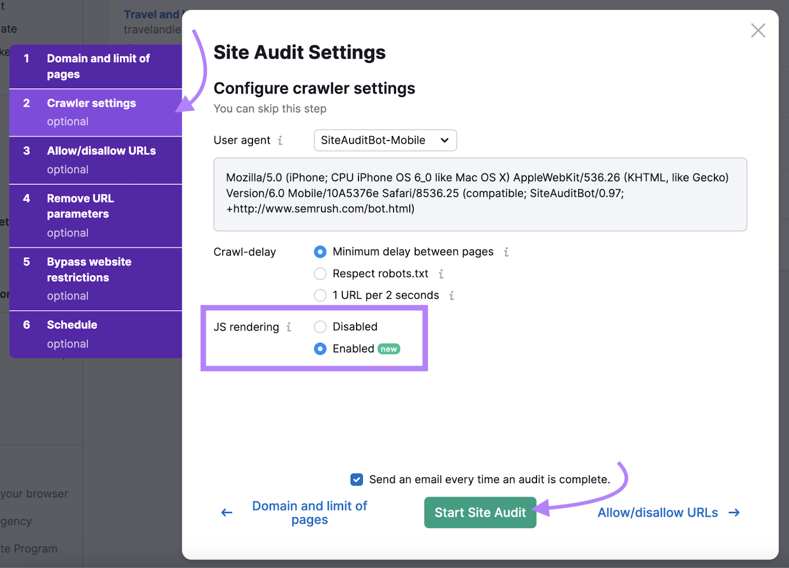 JS rendering section of site audit settings highlighted