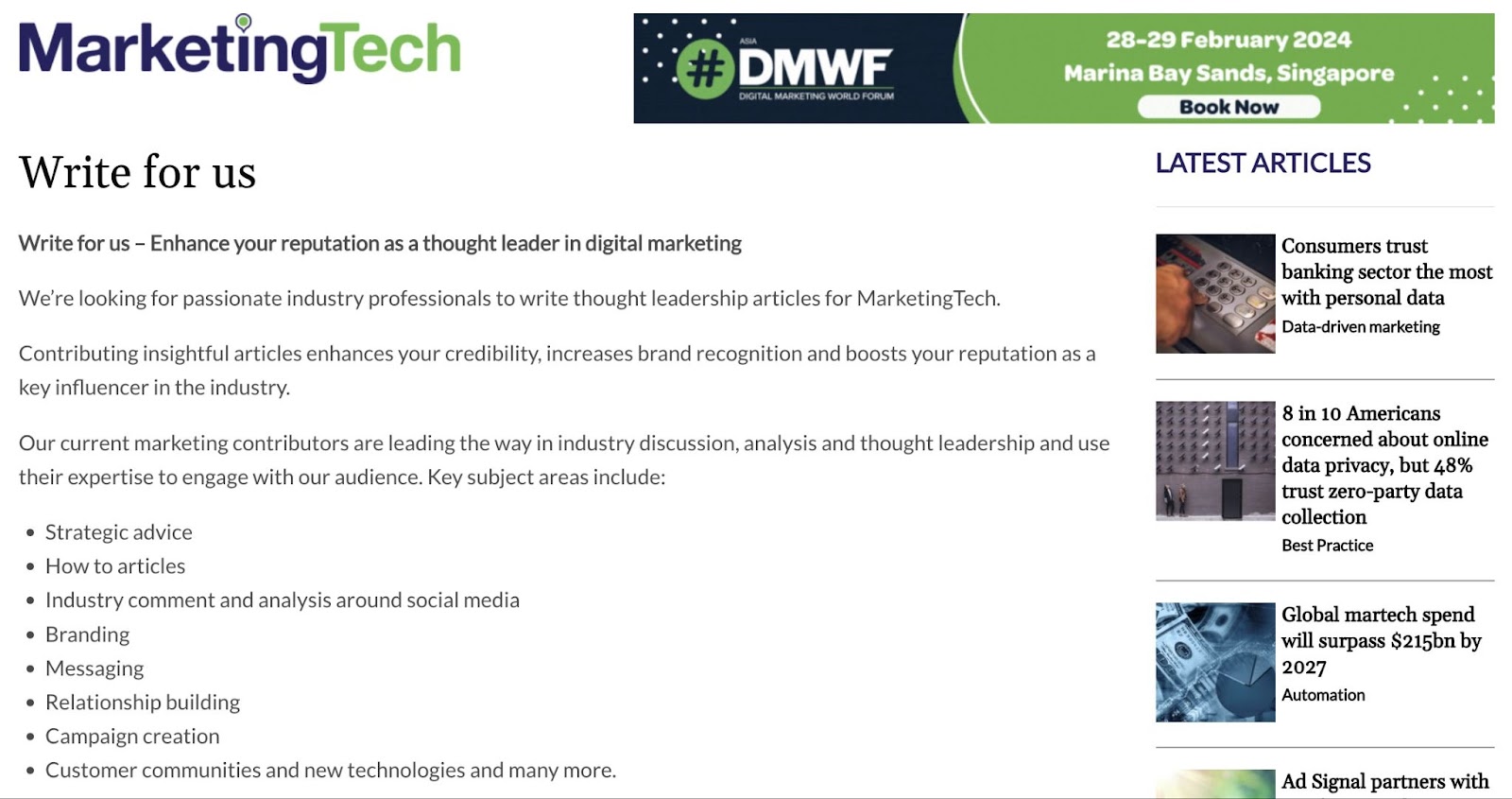 “Write for us” page on MarketingTech website