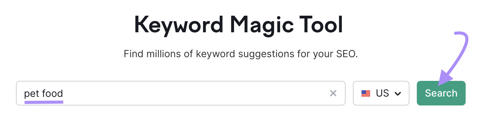 "pet food" entered into Keyword Magic Tool search bar