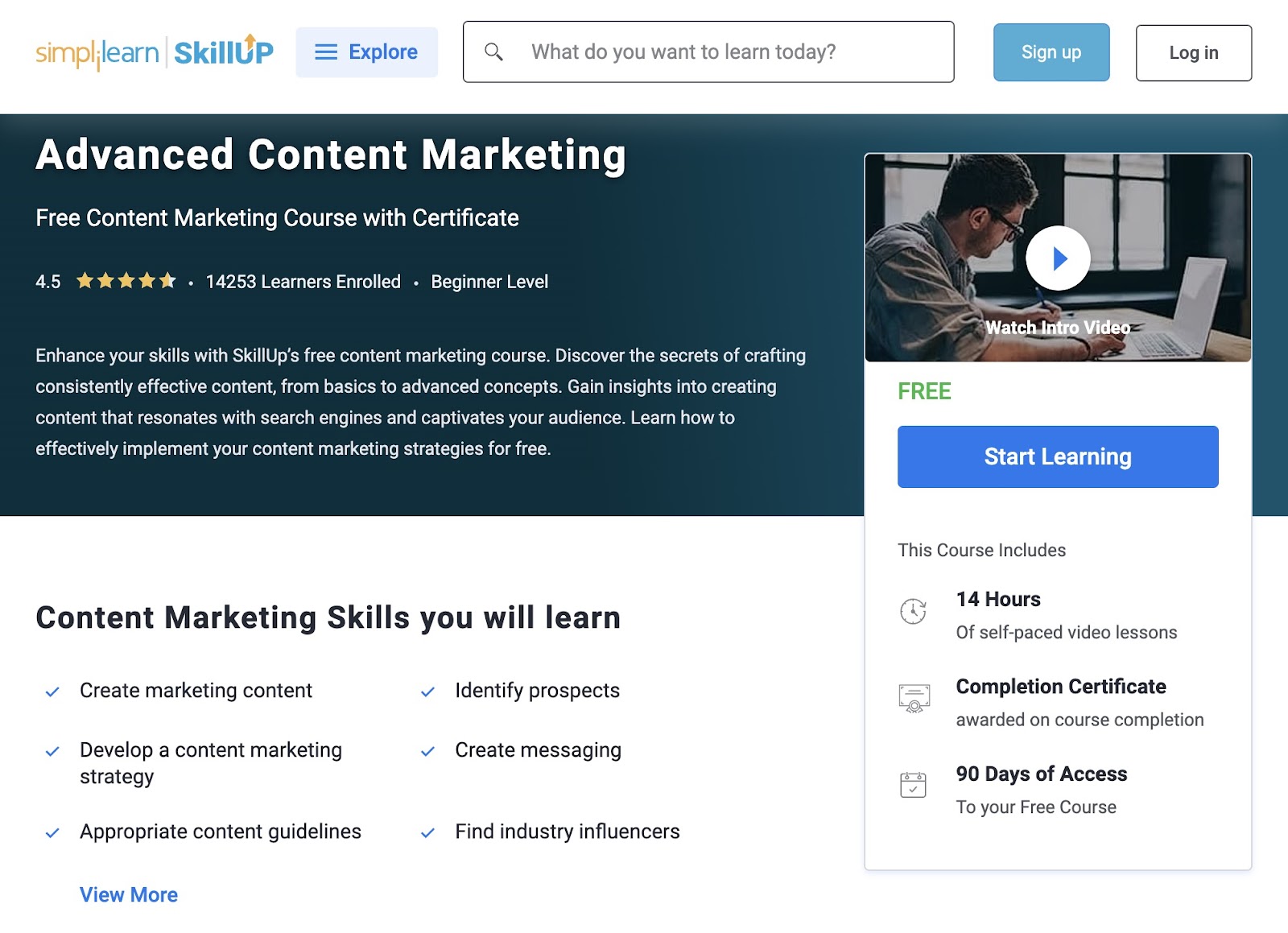 Advanced Content Marketing course page