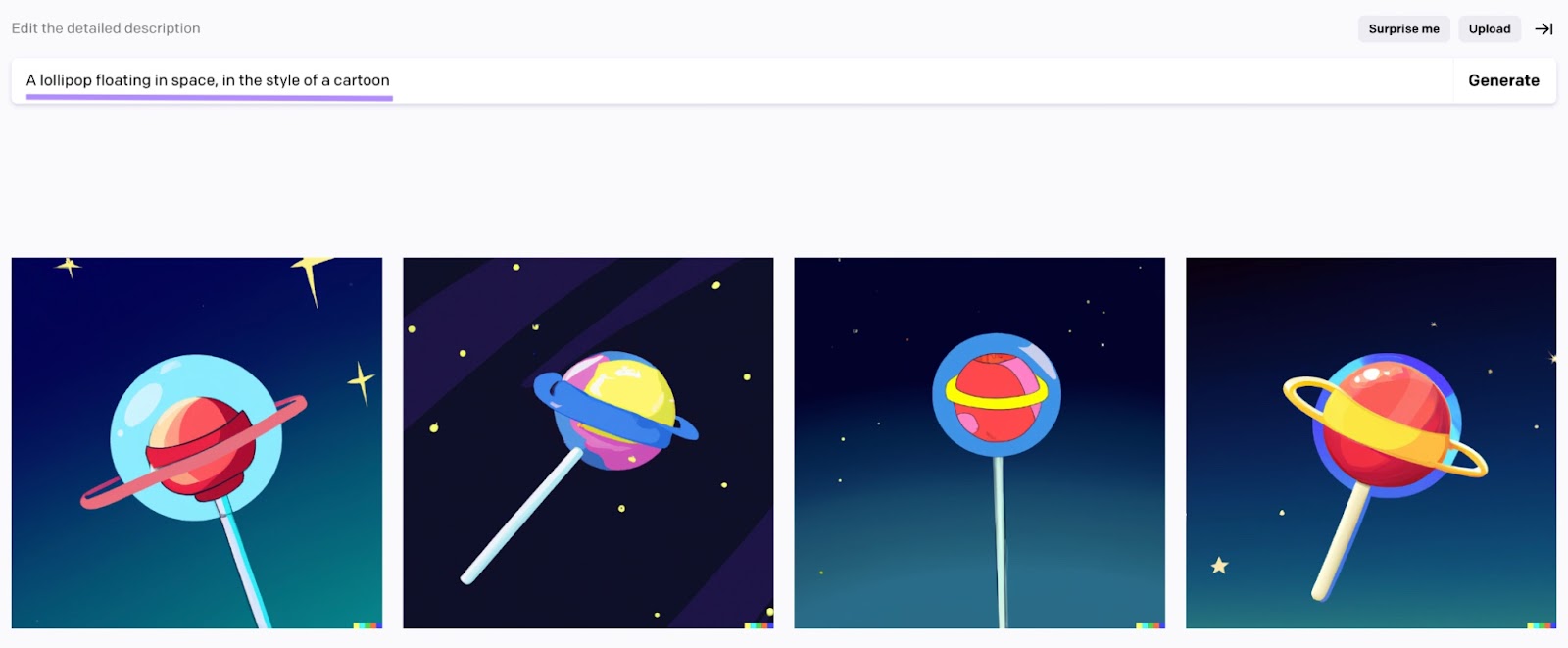 DALL-E 2 creó imágenes para "Una piruleta flotando en el espacio, al estilo de los dibujos animados"