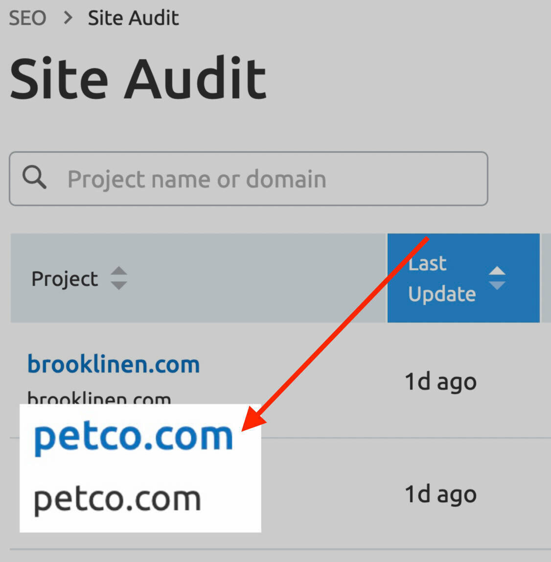 a created "petco.com" project in Semrush's Site Audit tool