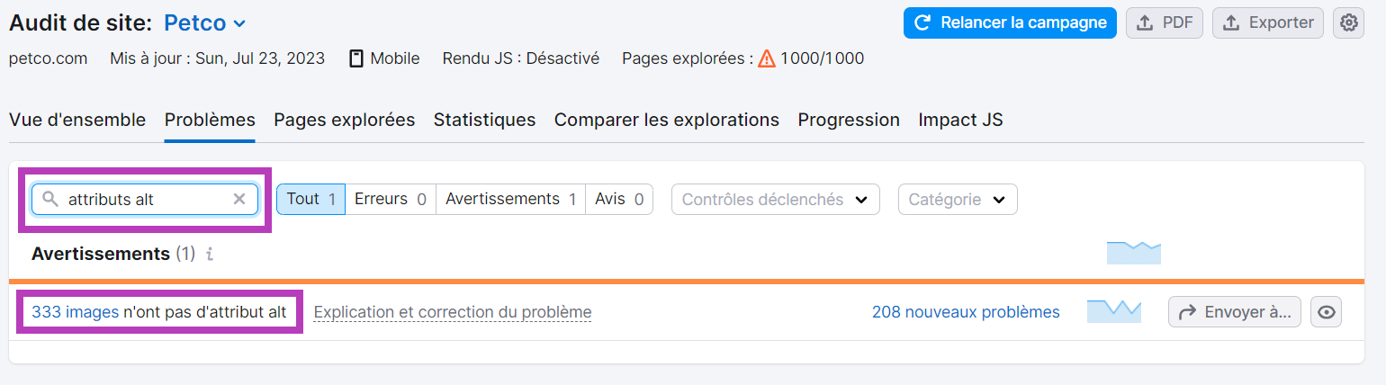 Audit de site de Semrush, onglet Problèmes, Attributs alt