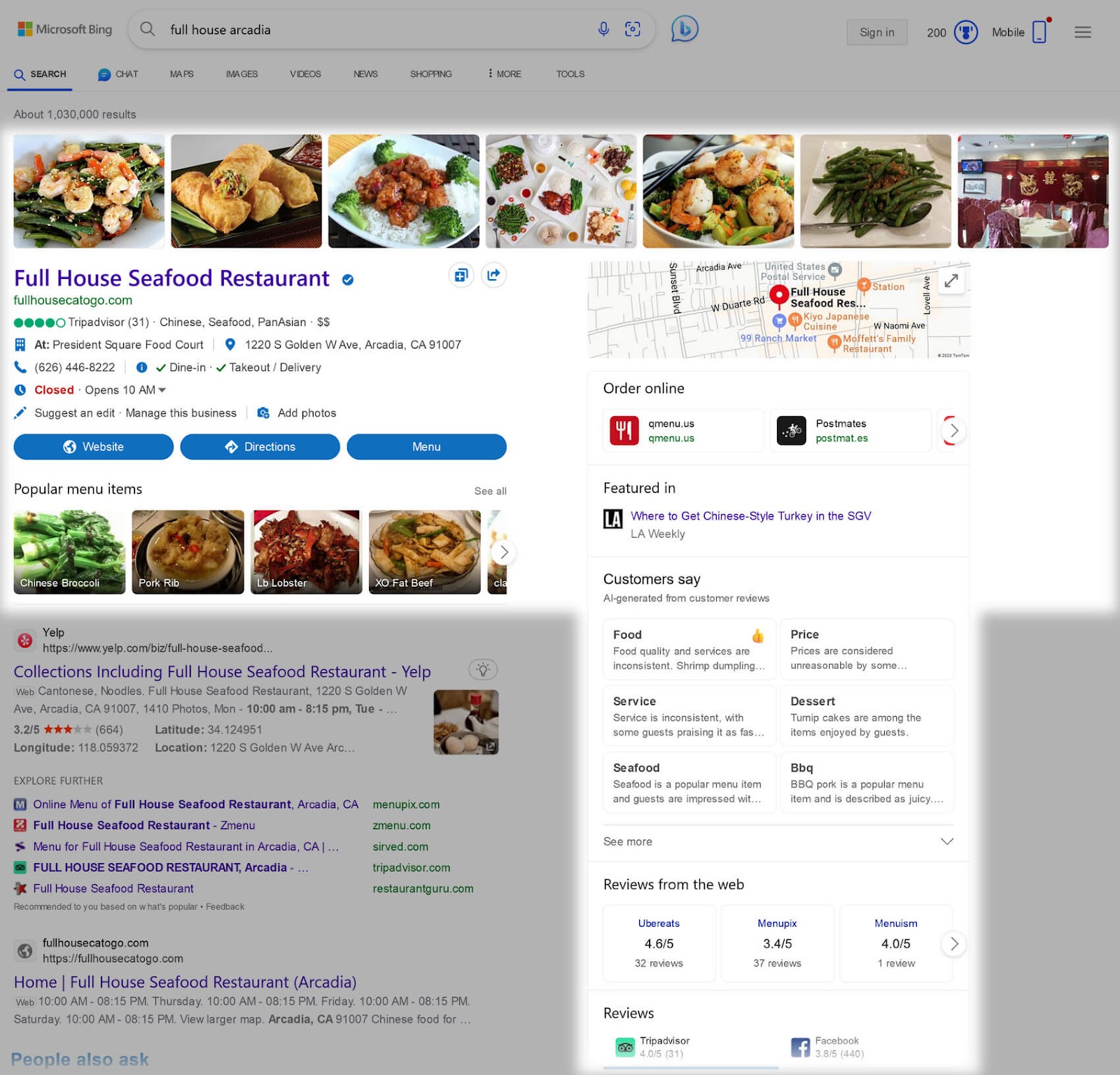 "Full House Seafood Restaurant" successful  Bing’s hunt  results