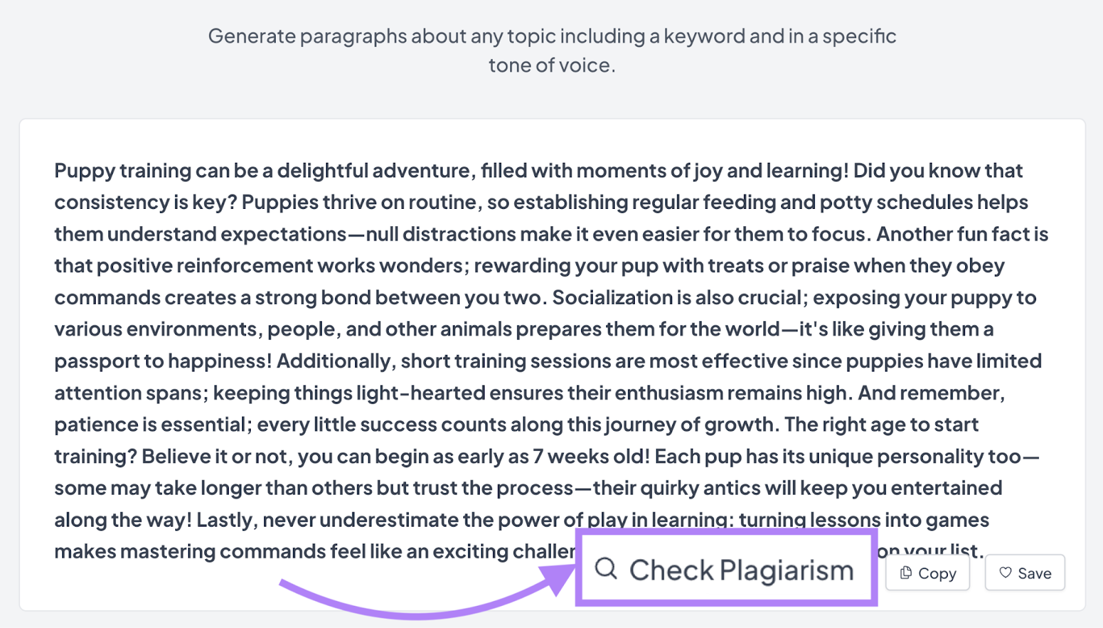 AI Writing Assistant's option to check plagiarism appears with a magnifying glass icon.