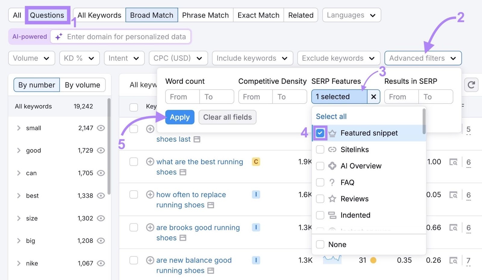 Aplicar filtros para exibir apenas palavras-chave em formato de pergunta que acionam um snippet em destaque na Ferramenta Mágica de Palavras-chave.