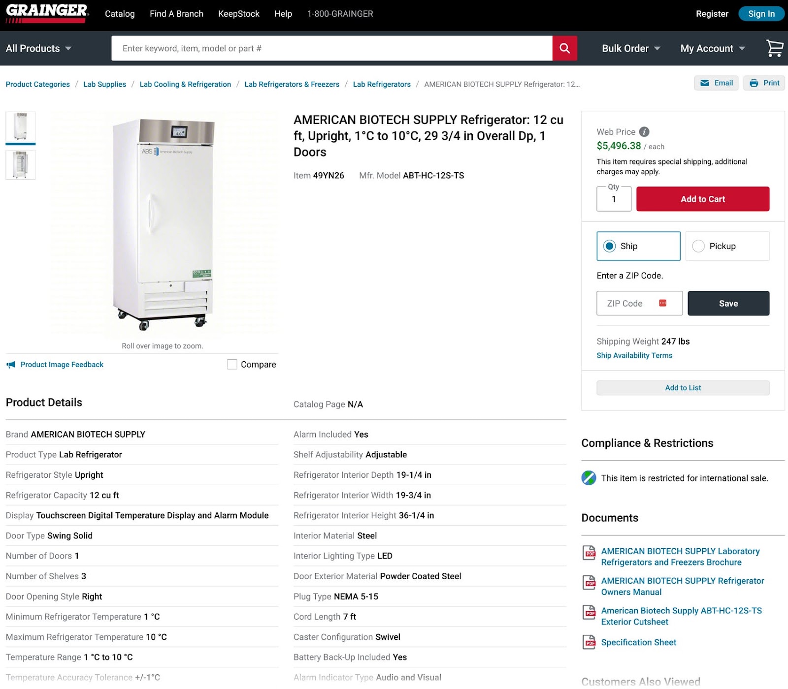 Grainger website showing a laboratory   refrigerator with merchandise  specifications and purchasing options.