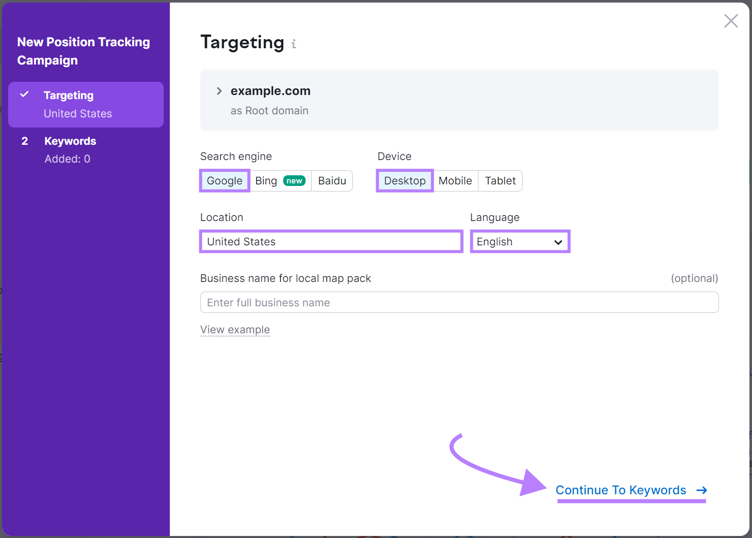 "Targeting" window in Position Tracking tool settings
