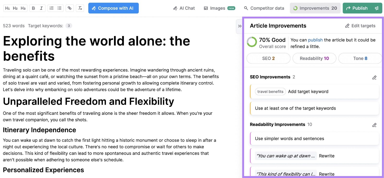 Semrush ContentShakeAI with article improvement sidebar highlighted and benefits of solo travel article in text box