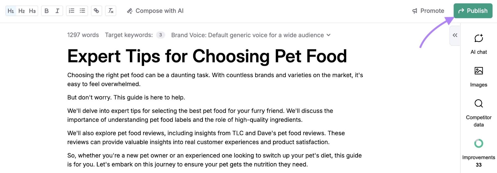An article generated on ContentShake AI with the "Publish" ،on in the top-right corner clicked.
