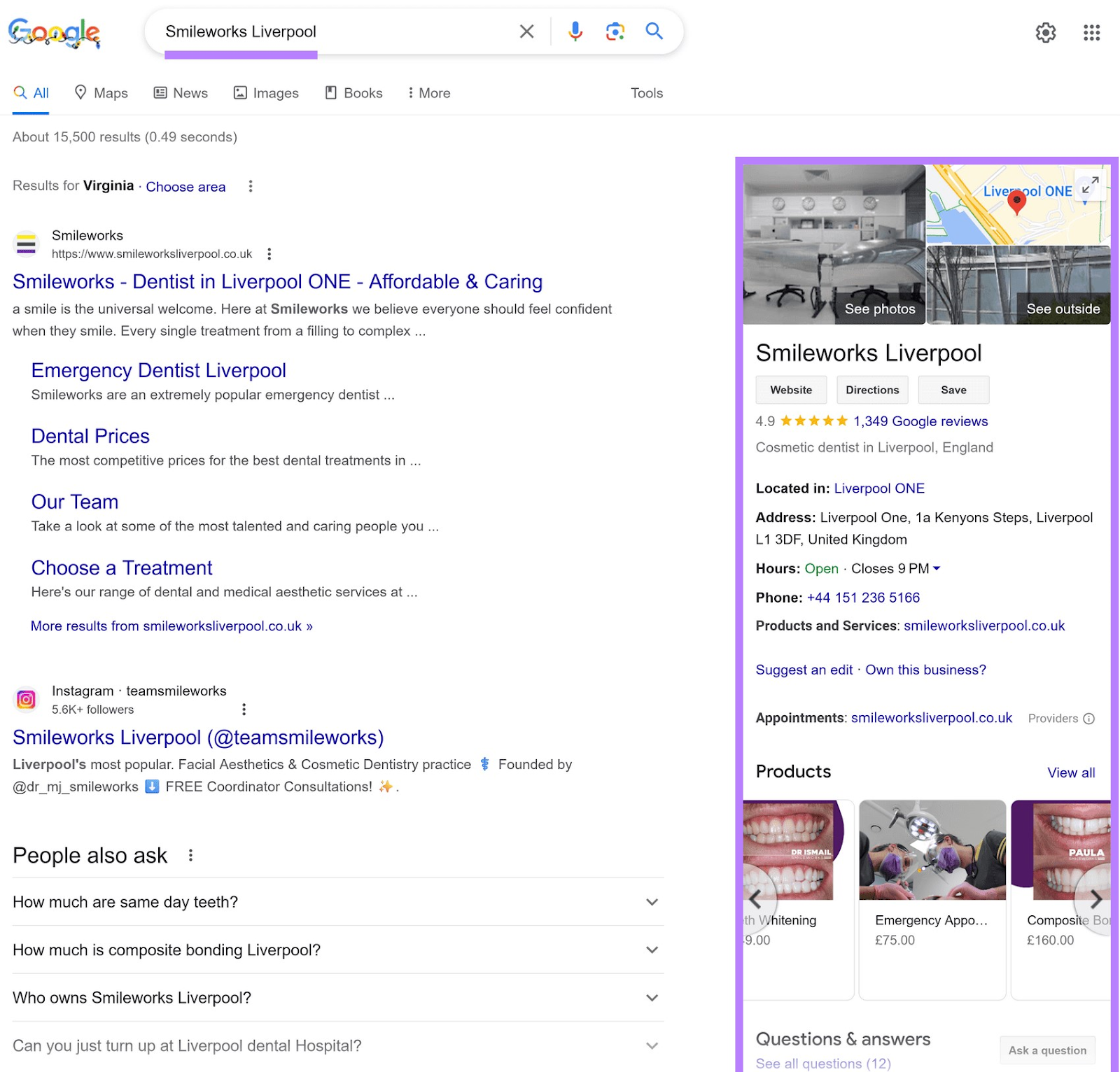 Google Business Profile for Smileworks Liverpool on SERP