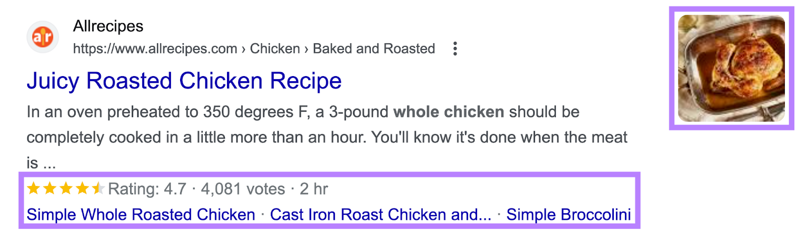 Google result s،wing "Juicy Roasted Chicken Recipe" page with reviews below