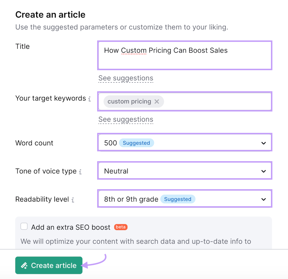 Contentshake AI overview of article parameters such as ،le, target keywords, word count and tone of voice type.