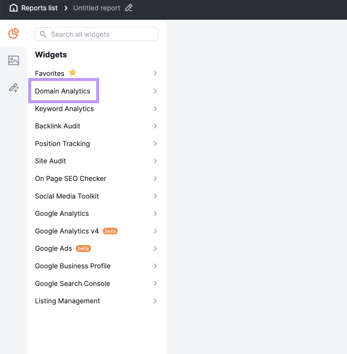 "Domain Analytics" highlighted under Widgets menu