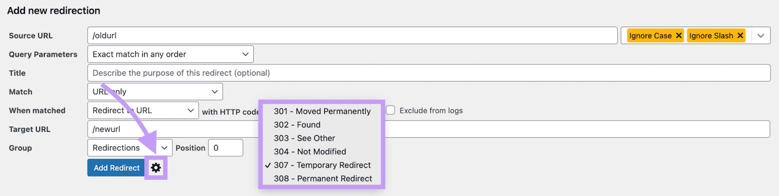 Formulaire de plugin de redirection pour définir des redirections