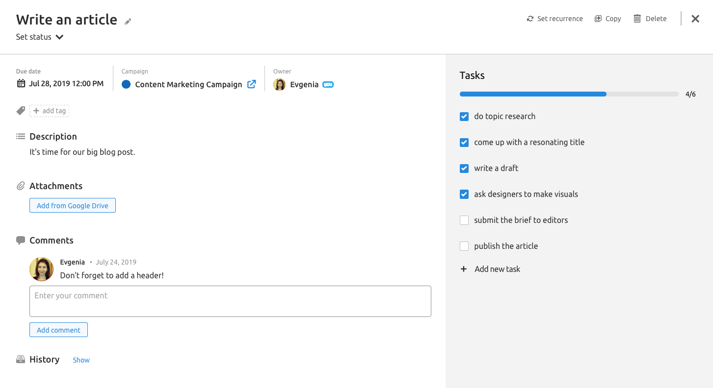 Tasks in Marketing Calendar tool