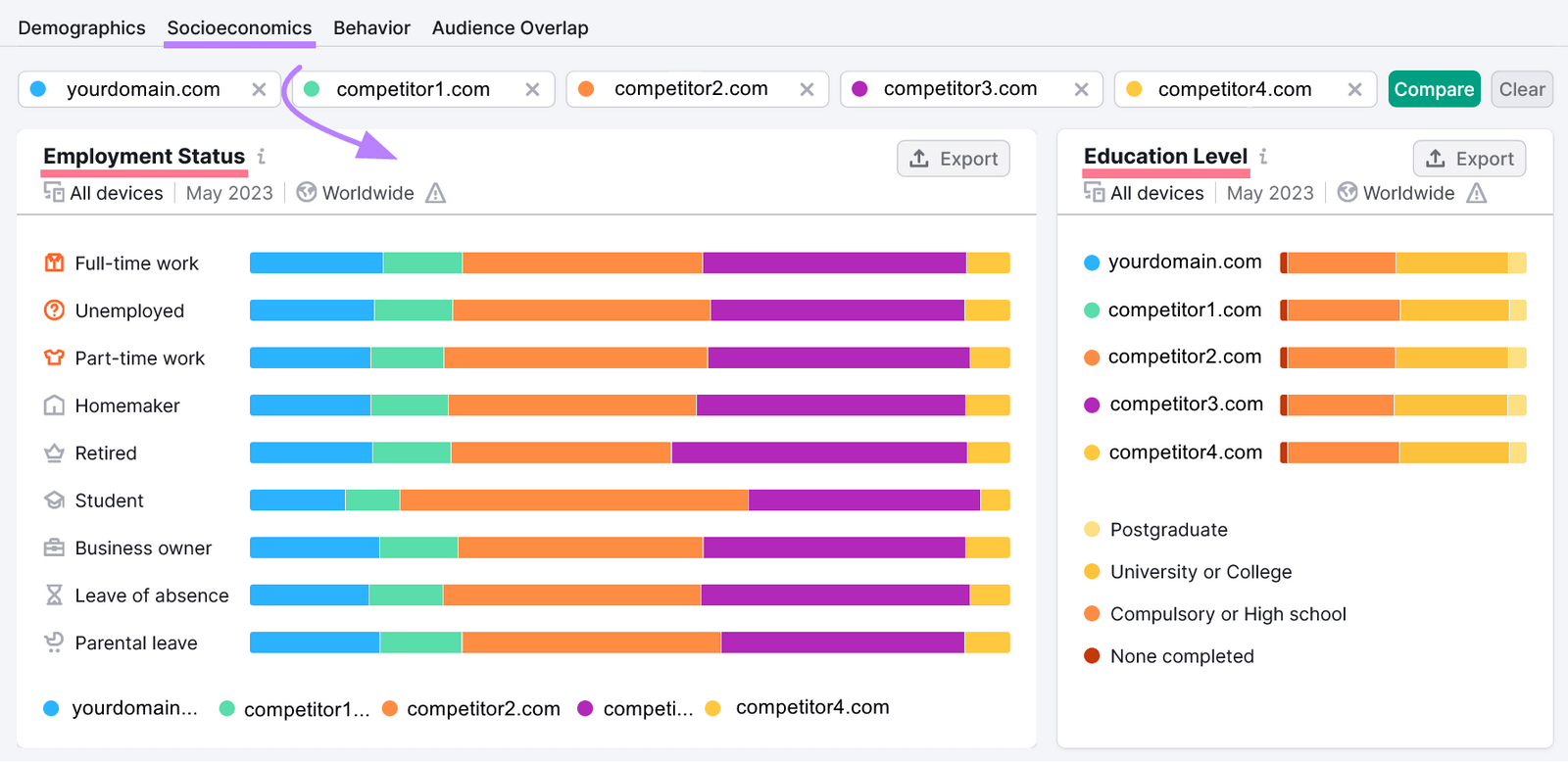 Socioeconomics report showing audience members' employment status and education levels.