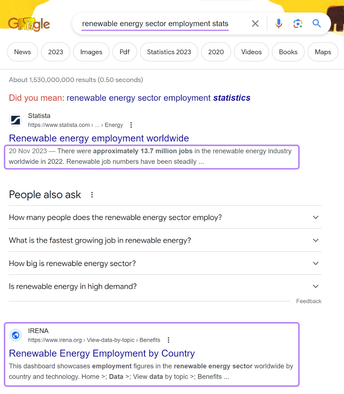 Google's SERP for "renewable energy sector employment stats" query