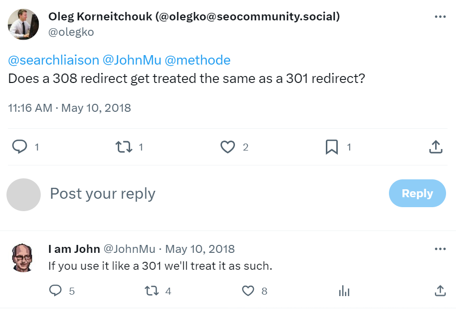 John Mueller's reply to weather 308 redirects get treated the same as 301 redirects