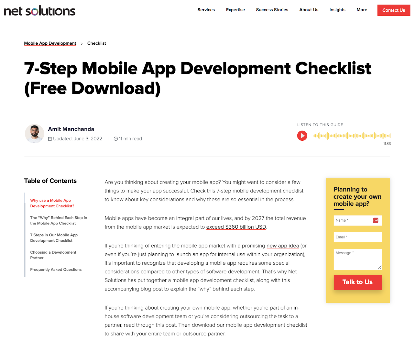 Net Solutions's article on seven-step mobile app development checklist