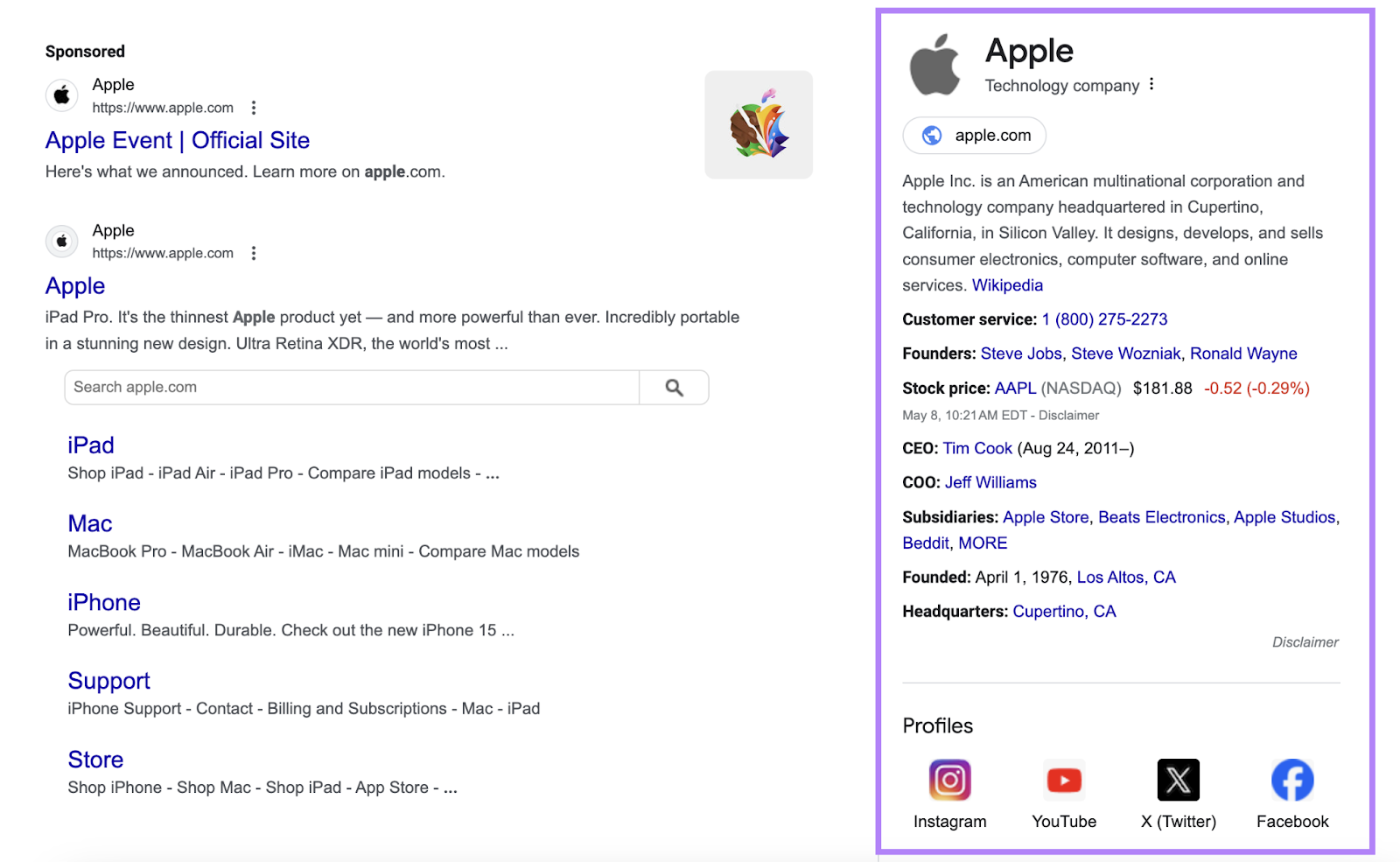 search for apple shows company information and social profiles on the right-hand side